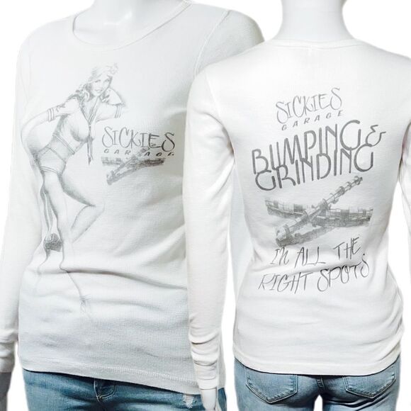 Sickie’s Garage Vintage Pin Up Waffle Long Sleeve Tee - Picture 1 of 9